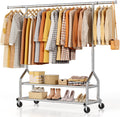 EAGMAK Heavy Duty Clothes Rack Load 556 LBS, Rolling Clothing Rack With Shelves, Height Adjustable Metal Clothes Hanger with Wheels Portable Wardrobe Organizer Garment Rod for Hanging Clothes (Silver)