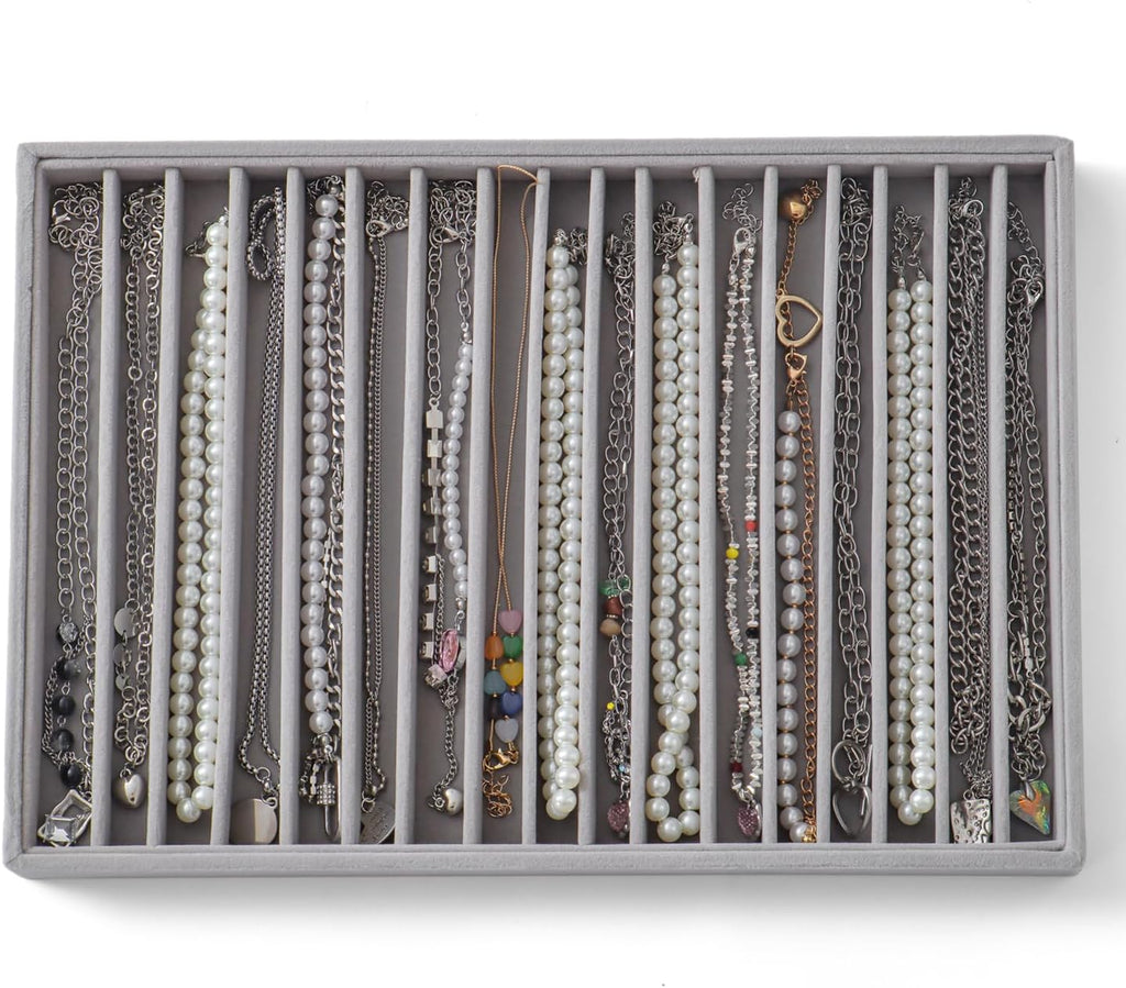 Large Jewelry Organizer for Drawer Insert Velvet Stackable Jewelry Trays for Earring Necklace Bracelet Ring Display (Gray, 16 Grids)