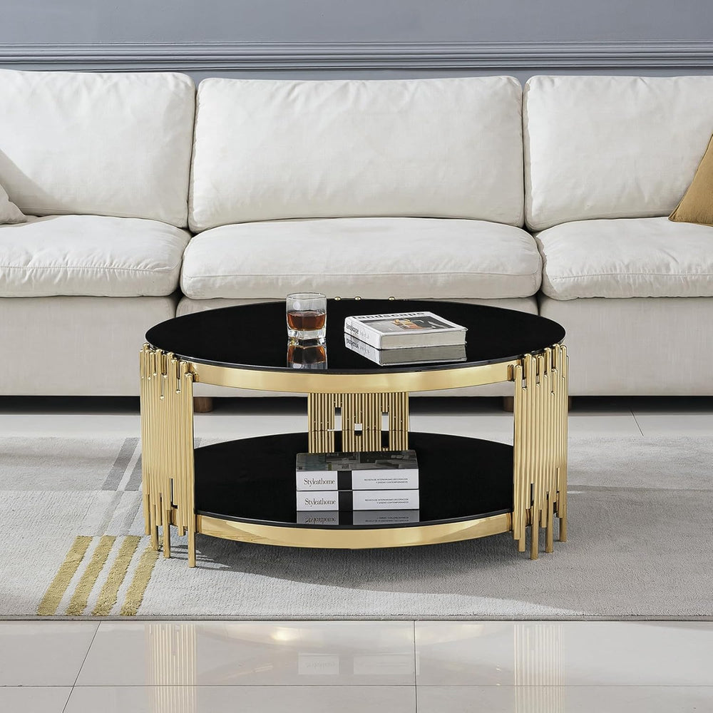Luxury Glass Circular Coffee Table Set of 3, Black Glass Coffee Table and 2 B...