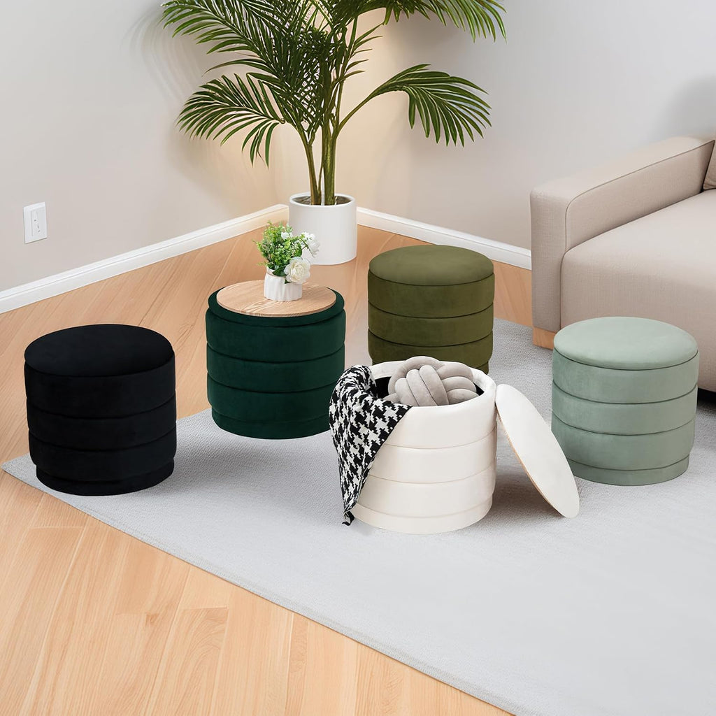 15 Inch Round Velvet Storage Ottoman, Upholstered Foldable Foot Rest Stool with Tray, Small Coffee Table for Bedroom Living Room