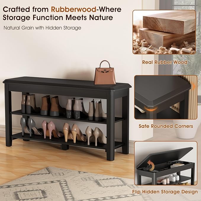 Shoe Rack Bench Seat Rubberwood 2-Tier Wooden Storage Bench 550lbs Compact Mid-Century Modern Design for Entryway, Hallway, Closet, Front Door Entrance, Foyer