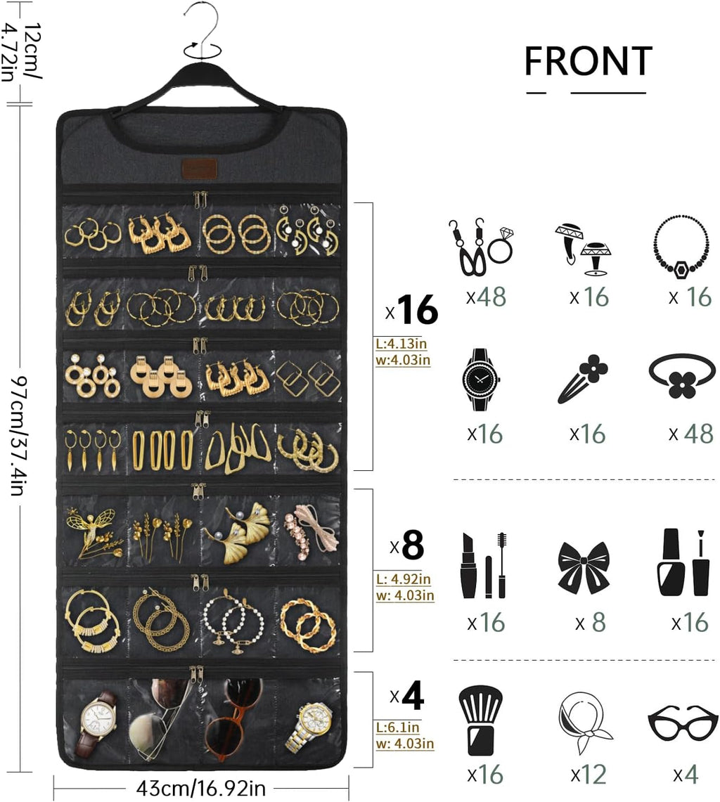 SMRITI Hanging Jewelry Organizer with Dual Zippered Pockets Canvas Double Sided Rotating Hanger Necklace Hanging Wall Organizer Earring Dustproof Holder Wall Mount Accessories Display Bag(Dark Grey)