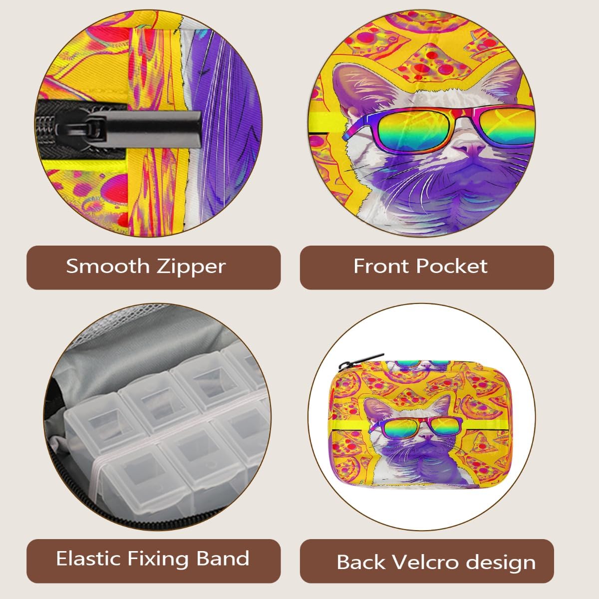 Sunglasses Cat Pizza Pattern Pill Organizer Travel Medicine Case with Zipper Daily Vitamin Storage Bag Portable 8 Slot Weekly Pill Box Supplement Holder for Home Office Gym Travel