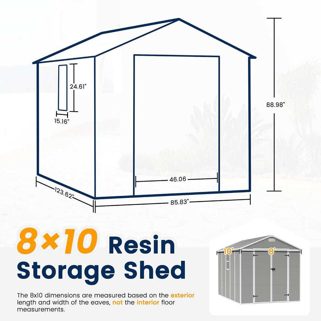 UDPATIO Storage Shed 8 x 10 FT, Resin Sheds & Plastic Outdoor Storage with Floor Large Clearance Outdoors Garden Tool Shed Tuff Outside Patio Shed with Lockable Door for Bike, Garbage Gray White