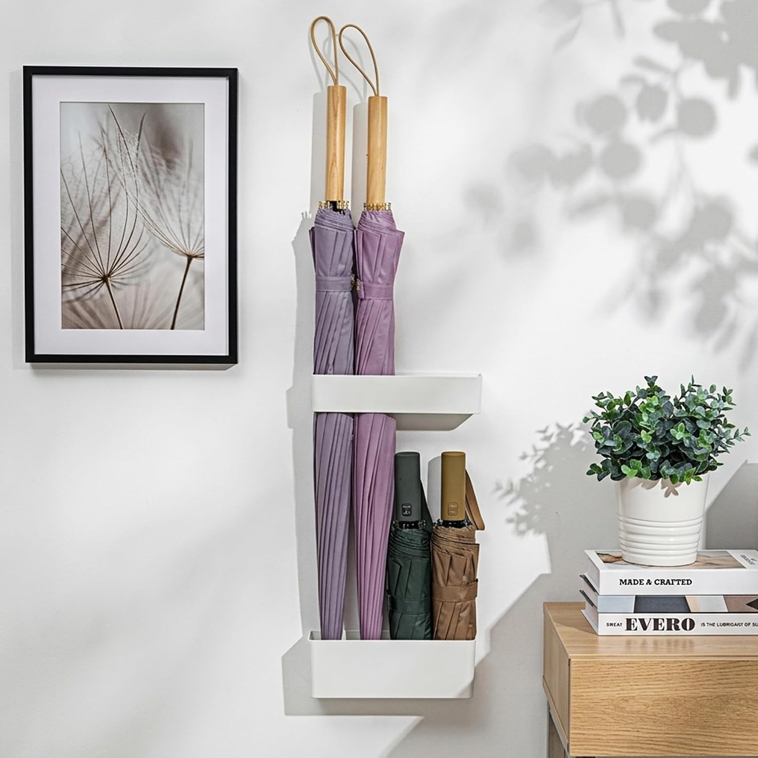 Umbrella Holder for Indoor Holder, Wall Mounted Umbrella Stand with Drip Tray, Space Saving Umbrella Organize Rack (White)