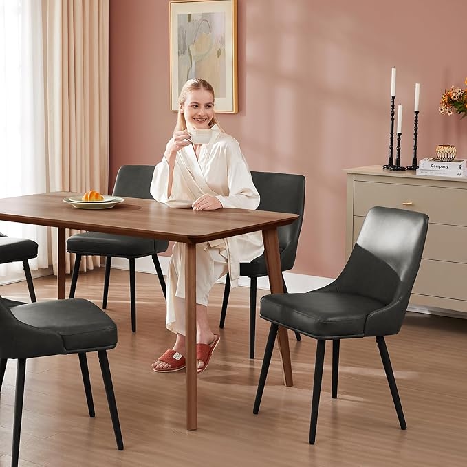 Modern Upholstered Dining Chairs Set of 4 with Thick Seat Cushion and Curved Back, Synthetic Leather Mid-Century Dinner Chair for Kitchen, Dining Room,Cafe (Faux Leather-Gray, Set of 4)