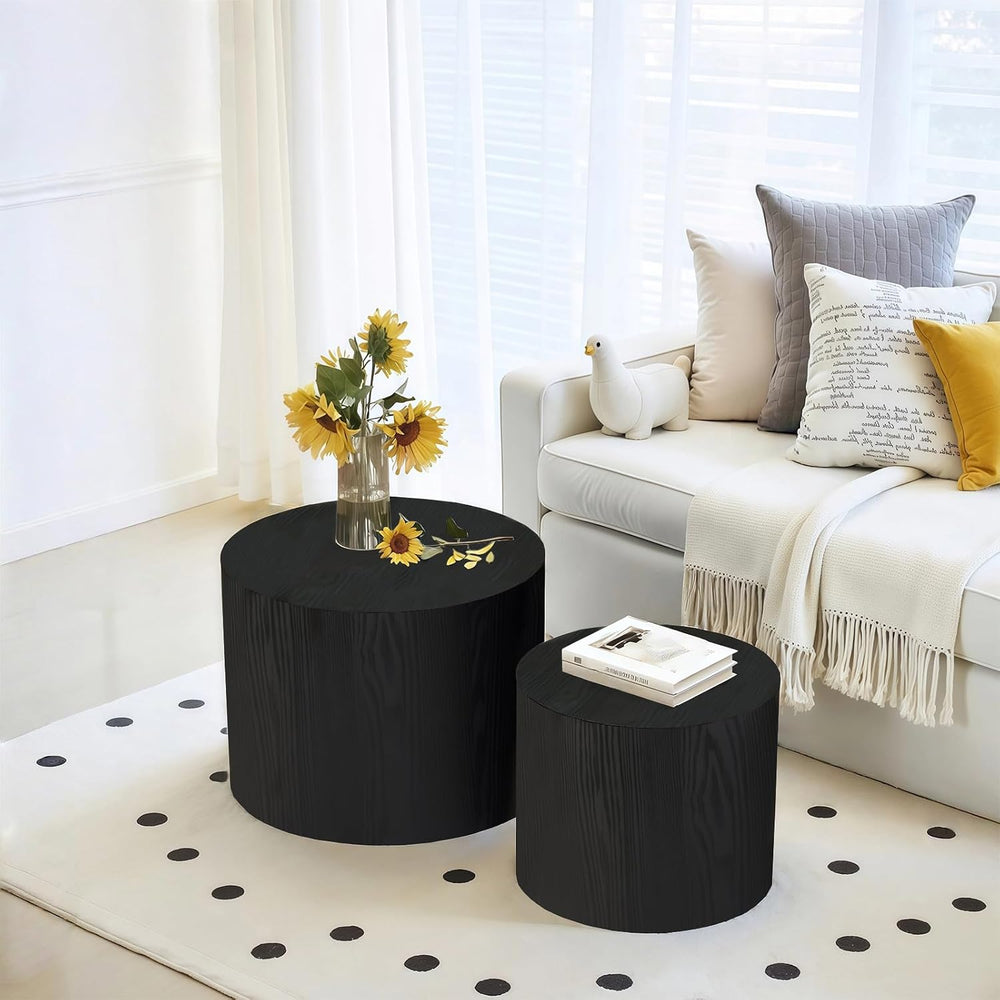 Nesting Coffee Table Set of 2, Modern Round Wood Side Table, Black | Nesting ...