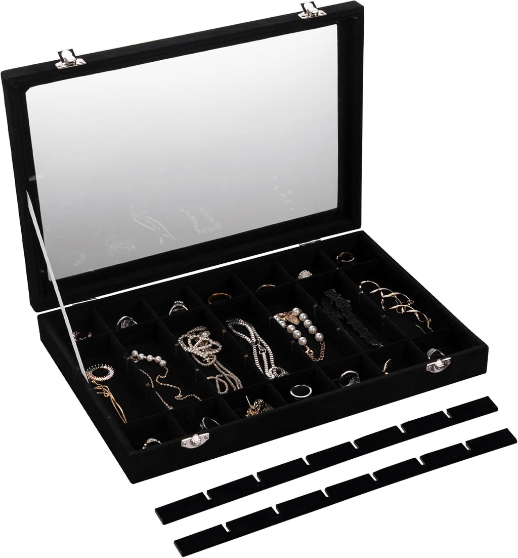 Frebeauty Velvet Jewelry Tray,35 Grid Jewelry Organizer with Clear Lid,Earring Holder Organizer Case with Clasp,Drawer Insert for Rings Studs,13.8 x 9.5 x 2 Inches,Gift for Women Girls(Black)