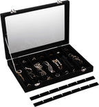 Frebeauty Velvet Jewelry Tray,35 Grid Jewelry Organizer with Clear Lid,Earring Holder Organizer Case with Clasp,Drawer Insert for Rings Studs,13.8 x 9.5 x 2 Inches,Gift for Women Girls(Black)