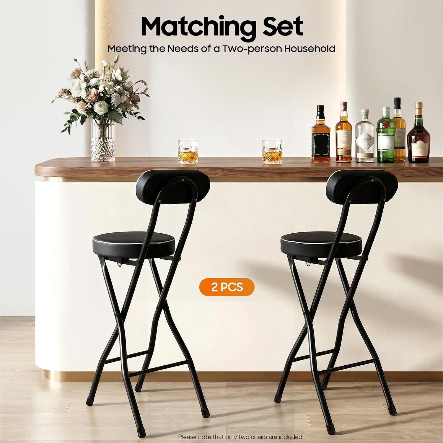 2PCS Cushioned Folding Stool, 25.6 Inch Portable Bar Stools, Counter Height Foldable Chairs, Black Height Heavy Duty Portable Chair Stool for Kitchen Garden Camping Cafe