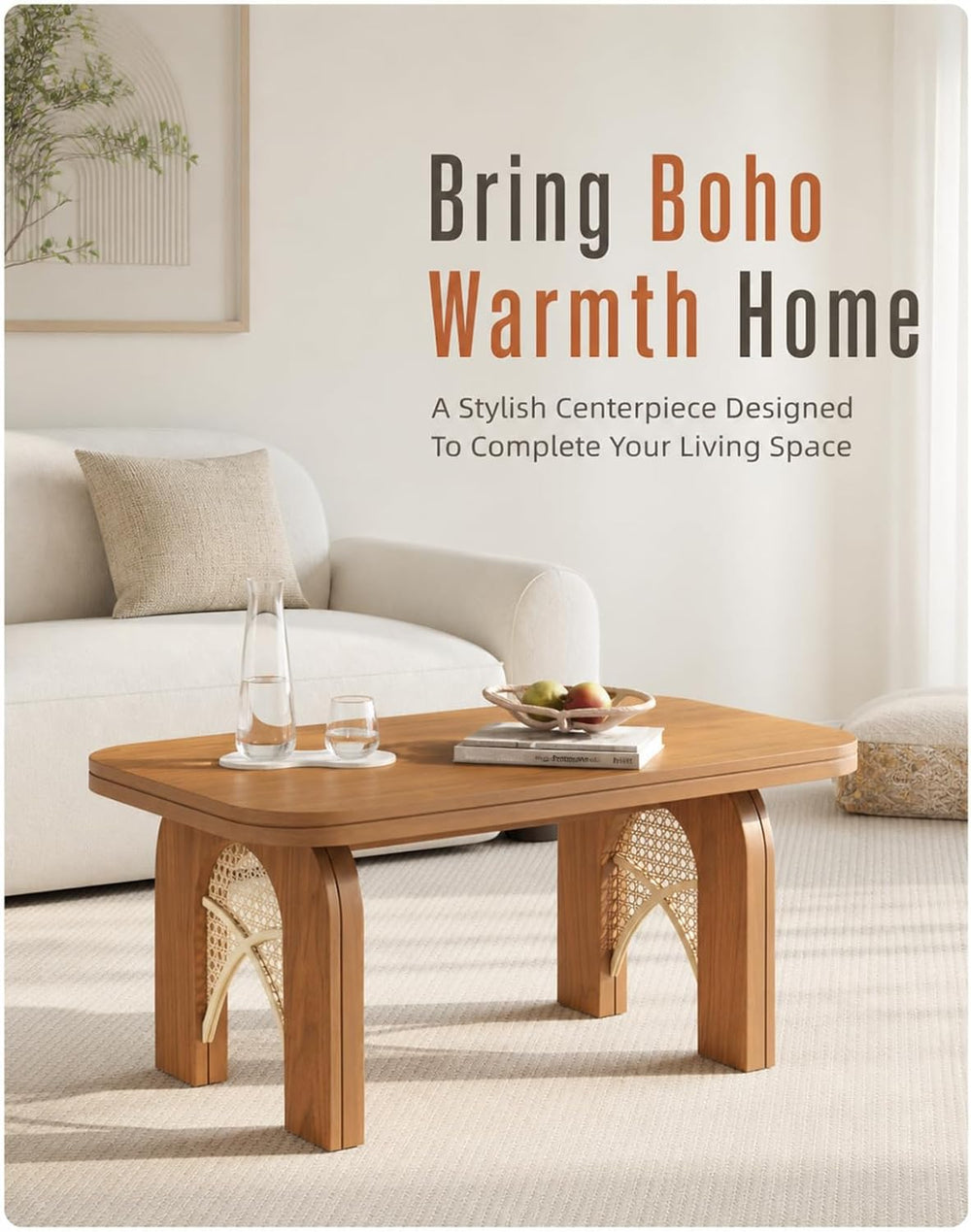 Boho Coffee Table for Living Room, 39 Inch Rattan Woven Cane Coffee Table wit...