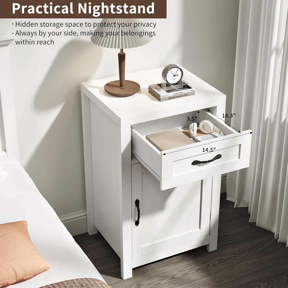 White Nightstand with Drawer, Farmhouse End Table with Storage Cabinet and Ad...