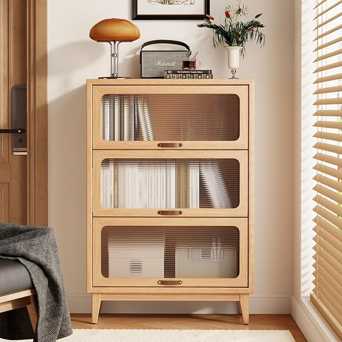 Solid Wood Bookcase with Glass Doors, 3 Shelf Bookshelves and Bookcases, Mid Century Modern Bookshelf with Glass Doors, Kitchen Pantry Cabinet (Natural, 31.5" W)