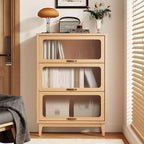 Solid Wood Bookcase with Glass Doors, 3 Shelf Bookshelves and Bookcases, Mid Century Modern Bookshelf with Glass Doors, Kitchen Pantry Cabinet (Natural, 31.5" W)