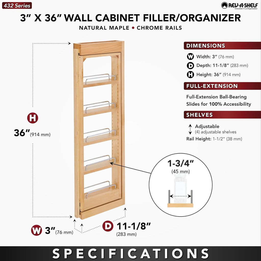 Rev-A-Shelf 3" W x 36" H Pull Out Quad Shelf Organizer for Wall & Base Kitchen Cabinets, Full Extension Filler Spice Rack, Adjustable, Wood, 432-WF36-3C