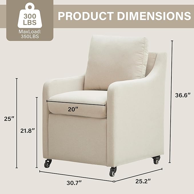 Rolling Dining Chair with Wheels, Upholstered Modern Single Armchair with Casters for Kitchen (4, Fabric Beige)