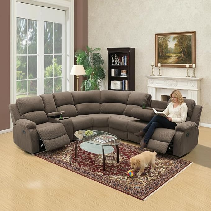Manual Recliner Sectional Sofa Set, Corduroy L Shaped Living Room Furniture Sets, Reclining Corner Couch Set with Drop-Down Table/Storage Console/Cup Holders for Home Office (Peanut, Sectional)