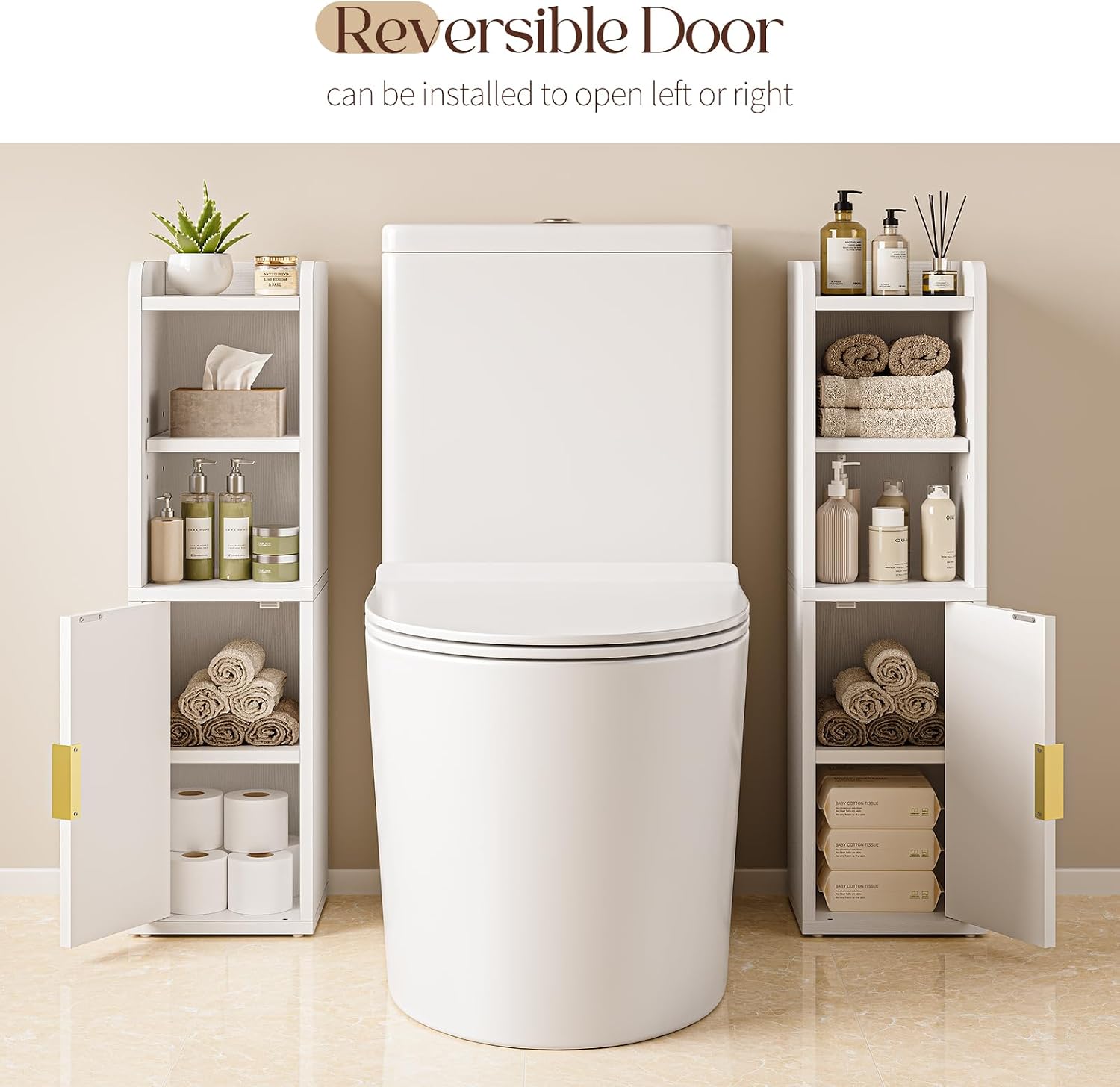 Yoobure Fluted Small Bathroom Storage Cabinet, Narrow Toilet Paper Cabinets | 7.9" D x 7.9" W, Wood Slim Corner Floor Cabinet with Door& Adjustable Shelf, Skinny Bathroom Organizer for Small Spaces,White