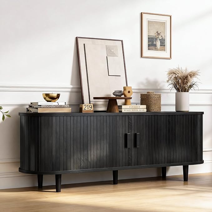 58" Mid Century Modern TV Stand, Wood TV Consoles with Sliding Doors and Power Outlet, Fluted Entertainment Center with Adjustable Shelves, Media Console for Living Room, Black