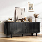 58" Mid Century Modern TV Stand, Wood TV Consoles with Sliding Doors and Power Outlet, Fluted Entertainment Center with Adjustable Shelves, Media Console for Living Room, Black