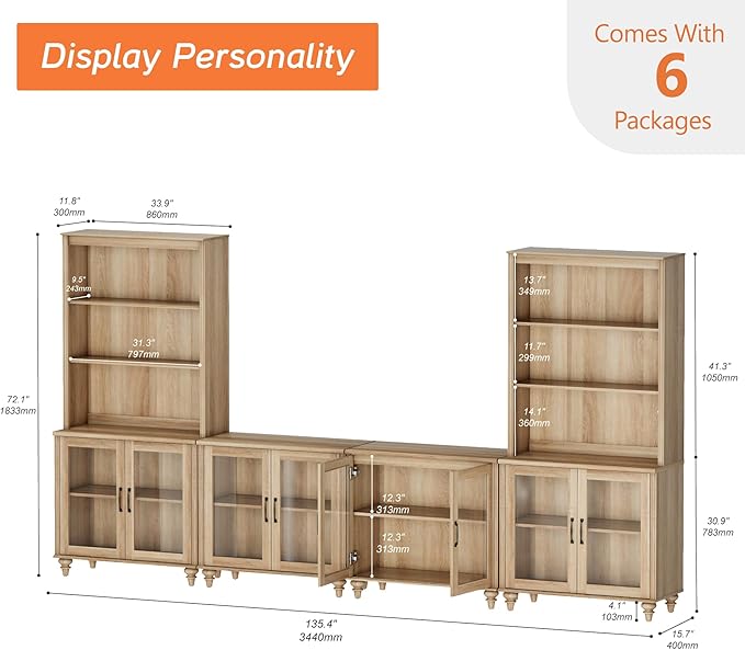 WAMPAT Entertainment Center with Bookshelves for TVs up to 75", Farmhouse Wall Unit TV Stand with Glass Doors, Media Console Table for Living Room, Bedroom & Home Theater, Oak