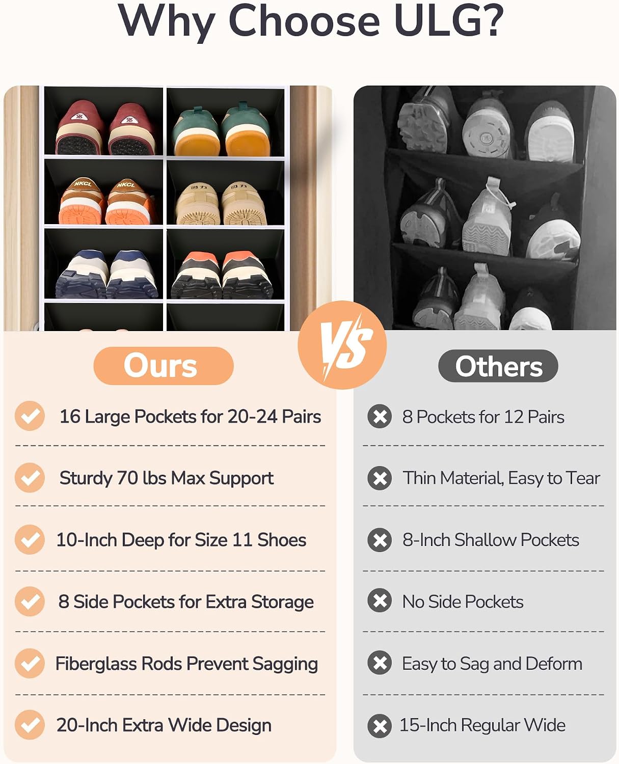 ULG Over The Door Shoe Organizer with 16 Large Pockets, Hanging Shoe Rack for Closet Door, Space Saving Shoe Storage Black