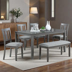 Dining Table Set for 6, 6-Piece Kitchen Table Chairs Set with Rectangular Table, 4 Slatted Upholstered Chairs and Bench, Wooden Farmhouse Rustic Style Kitchen Dining Set for 6 Person, Gray