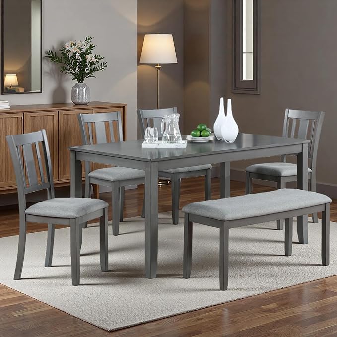 Dining Table Set for 6, 6-Piece Kitchen Table Chairs Set with Rectangular Table, 4 Slatted Upholstered Chairs and Bench, Wooden Farmhouse Rustic Style Kitchen Dining Set for 6 Person, Gray