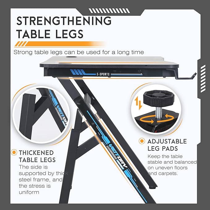 BestOffice Gaming Desk Computer Desk 47"x 23" Home Office Desk Extra Large Modern Ergonomic Black PC Carbon Fiber Table Gamer Workstation with Cup Holder Headphone Hook,Blue