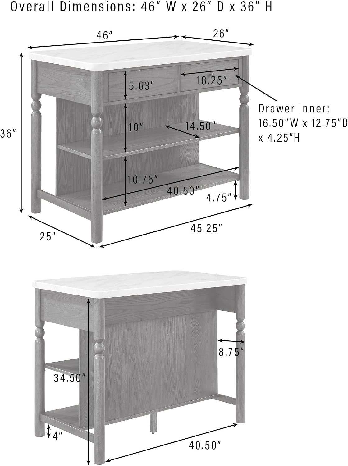Crosley Furniture Roselyn Traditional Kitchen Island Breakfast Bar Table, Counter-Height Dining, Brown/White Marble