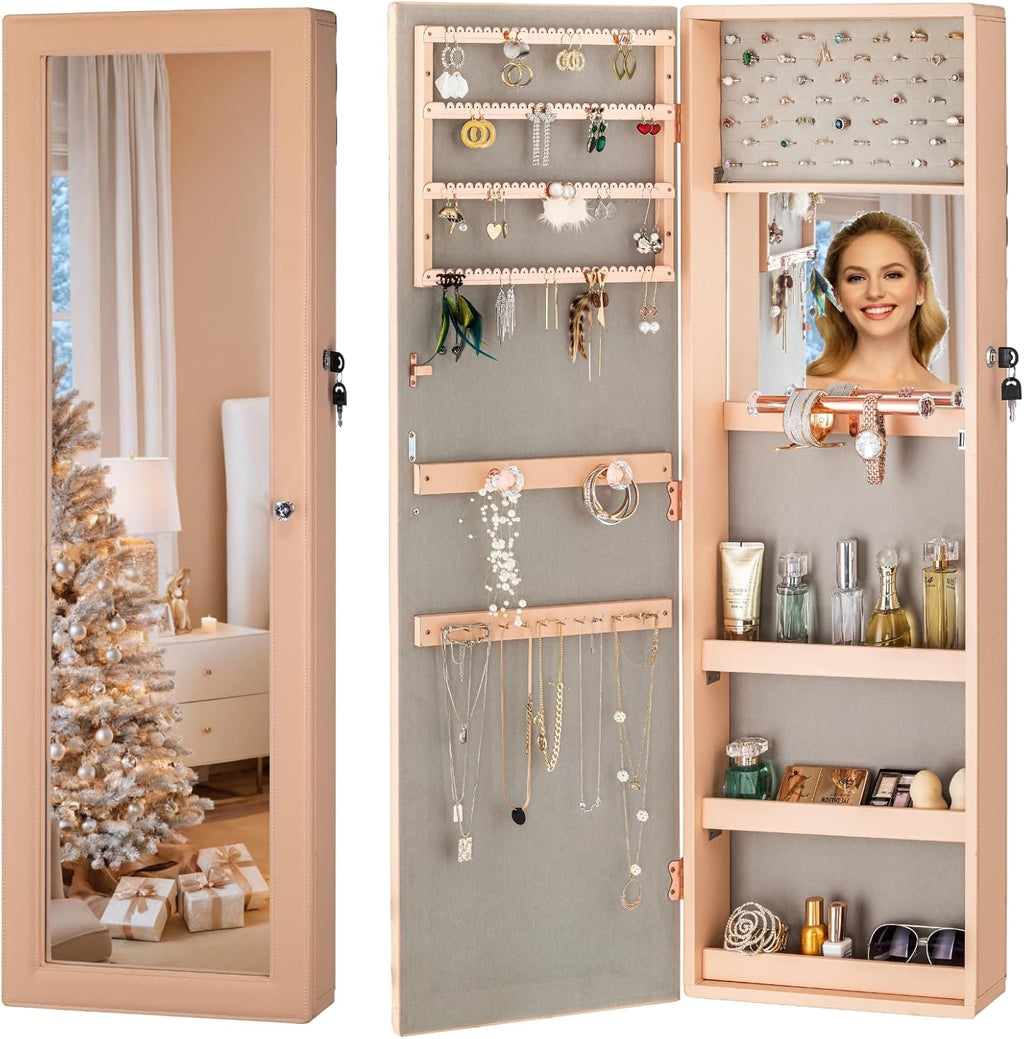 LUXFURNI Jewelry Armoire Organizer, Wall/Door Mounted Cabinet with Full Length Mirror (Peach)