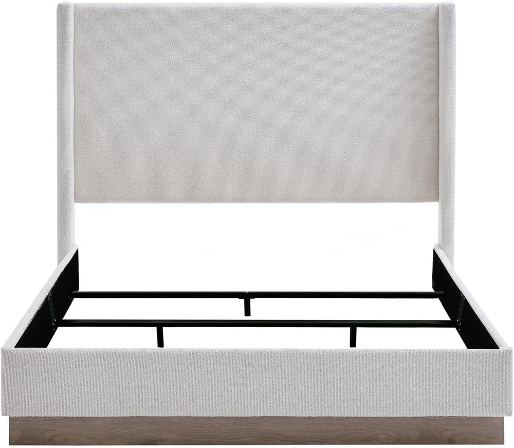 Peanu Queen Bed Frame, Wingback Upholstered Headboard, Cream White
