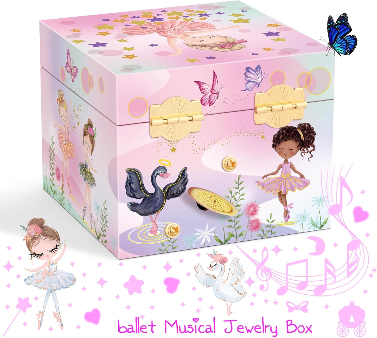 A&A Music Jewelry Box for Girls - Ballet Ballerina Theme with Spinning Doll & Swan Lake Melody, Pink Keepsake Box with Velvet Lining & Mirro