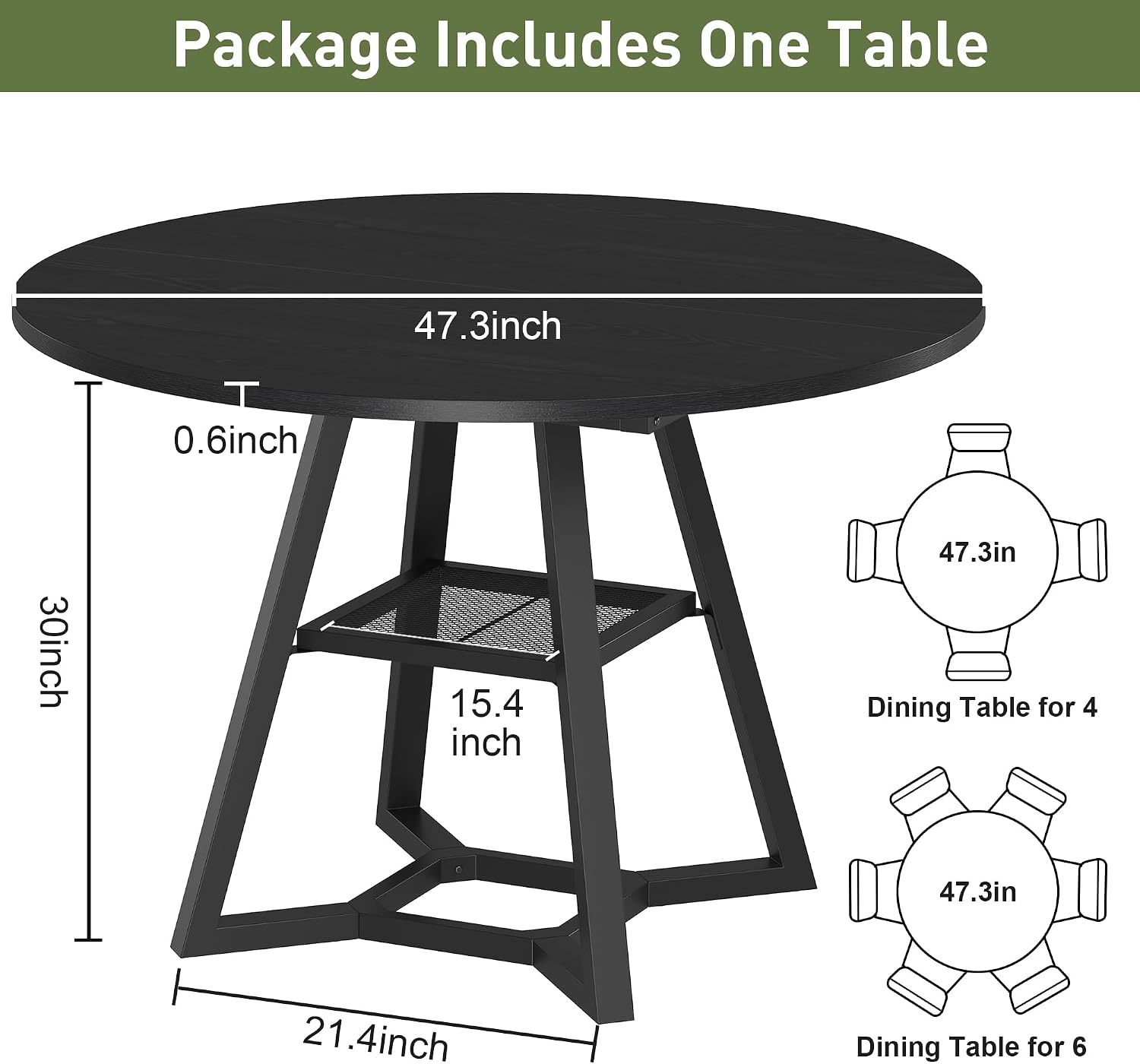 knoworld Round Dining Table for 4-6 with Storage Shelf, Kitchen & Dining Room Circle Pedestal Table, Heavy Duty Metal Frame & Wood Top