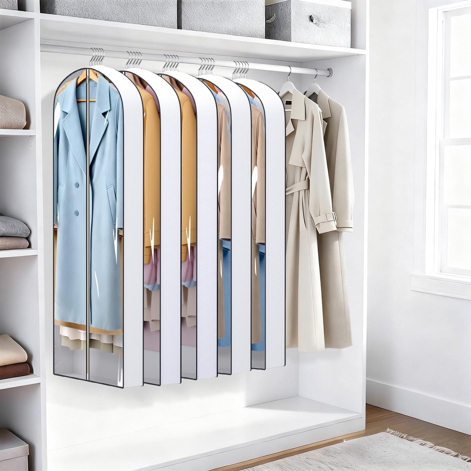 SLEEPING LAMB 60" Long Hanging Garment Bags for Closet Storage Gusseted Clear Dress Bag for Clothes, Gowns, Coats, Suits, 5 Packs