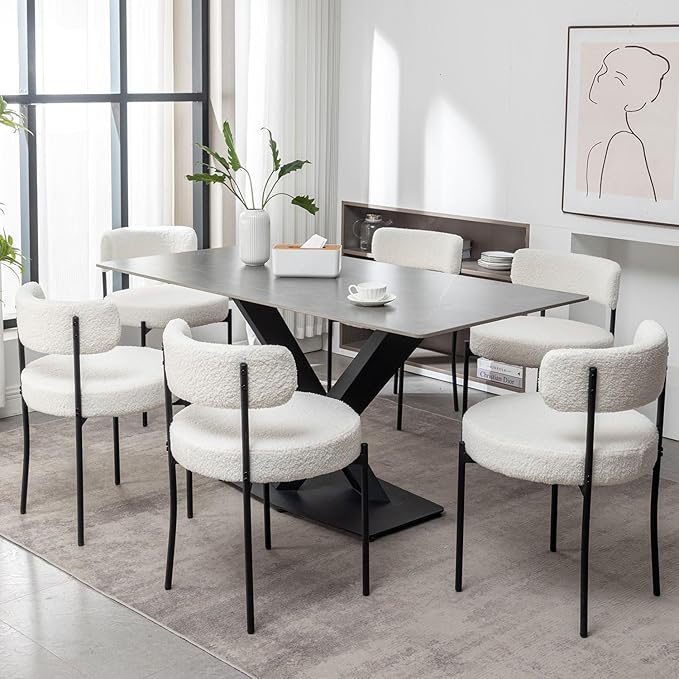 White Boucle Dining Chairs Set of 2, Upholstered Dining Room Chairs with Blac...