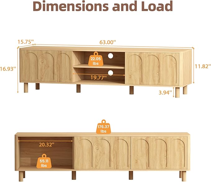 TV Stand for TVs up to 70'', Entertainment Center with Large Storage for Living Room, Media Console with Sliding Doors and Adjustable Shelves, Modern TV Cabinet for Game Consoles and Decor(Natural)