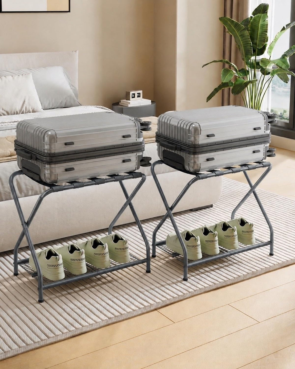Set of 2 Foldable Gray Luggage Rack Stands with Storage Shelves – Heavy Duty ...