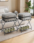 Set of 2 Foldable Gray Luggage Rack Stands with Storage Shelves – Heavy Duty Metal Suitcase Holders, 150 lbs Top, 50 lbs Bottom Each, Fits 20”-28” Luggage – Guest Room, Bedroom, Hotel LR-GY-2
