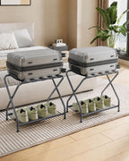 Set of 2 Foldable Gray Luggage Rack Stands with Storage Shelves – Heavy Duty Metal Suitcase Holders, 150 lbs Top, 50 lbs Bottom Each, Fits 20”-28” Luggage – Guest Room, Bedroom, Hotel LR-GY-2