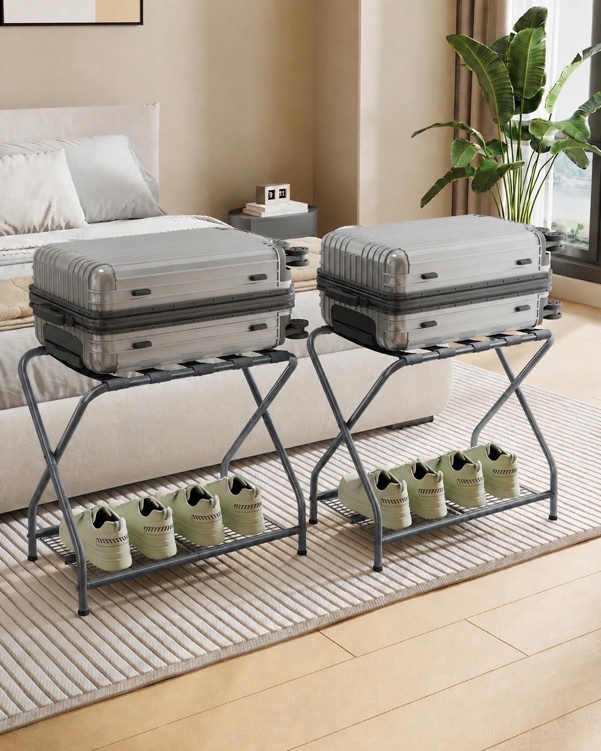 Set of 2 Foldable Gray Luggage Rack Stands with Storage Shelves – Heavy Duty Metal Suitcase Holders, 150 lbs Top, 50 lbs Bottom Each, Fits 20”-28” Luggage – Guest Room, Bedroom, Hotel LR-GY-2