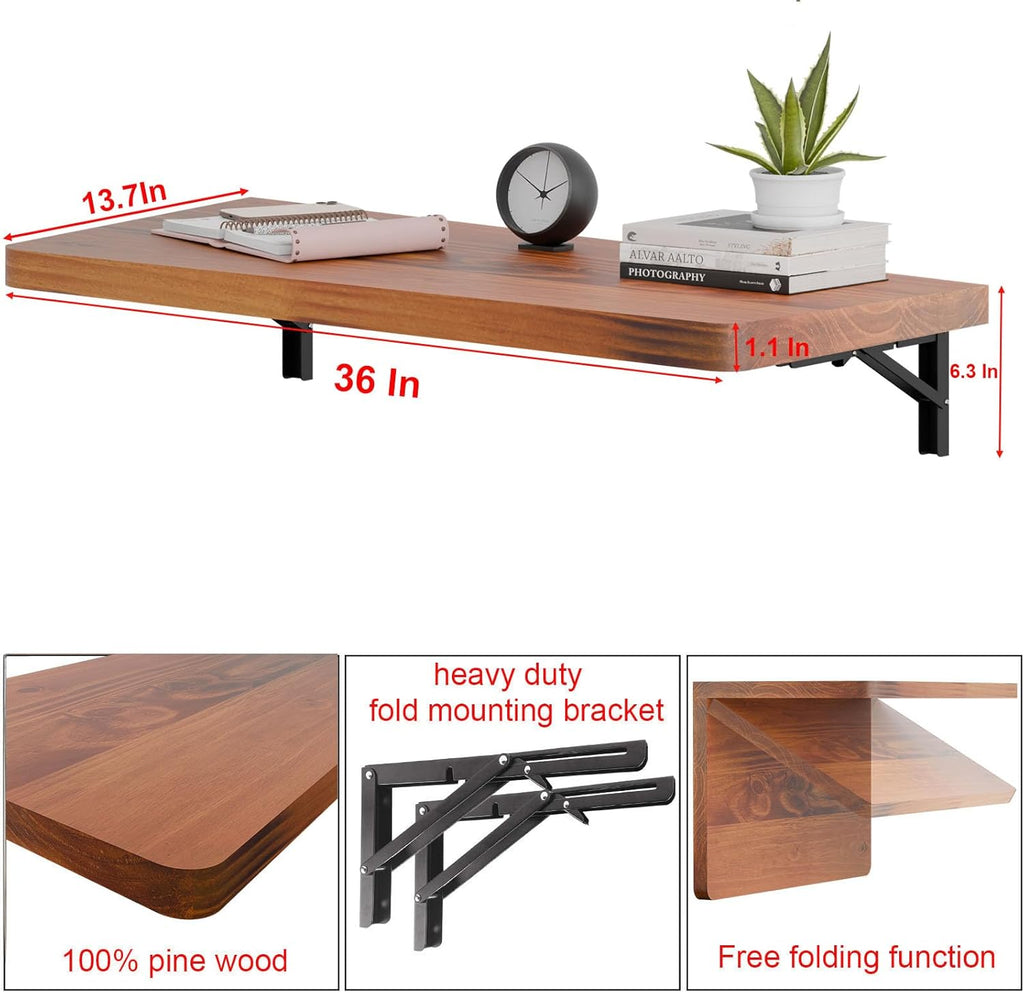IAE Wall Mounted Folding Table with Pine Wood,Floating Wall Desk,Laundry Folding Table with Shelf Brackets,Fold Down Desk Shelf,Folding Workbench for Home,Dining,Laundry Room,Kitchen,36" x 14",Teak