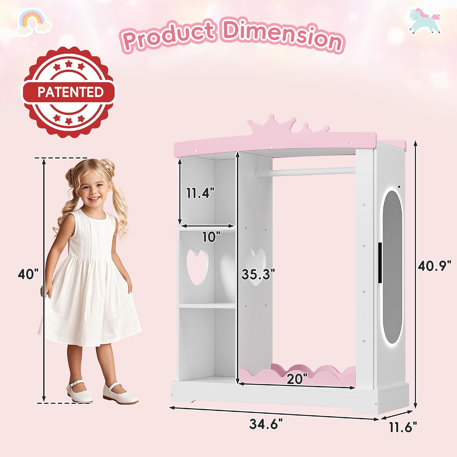 Xilingol Kids Armoire with Jewelry Cabinet, Dress up Storage with Mirror and Shelves, Princess Dress Closet and Costumes Wardrobe Closet, Costume Organizer for Bedroom, Kids Room, Girls (White)