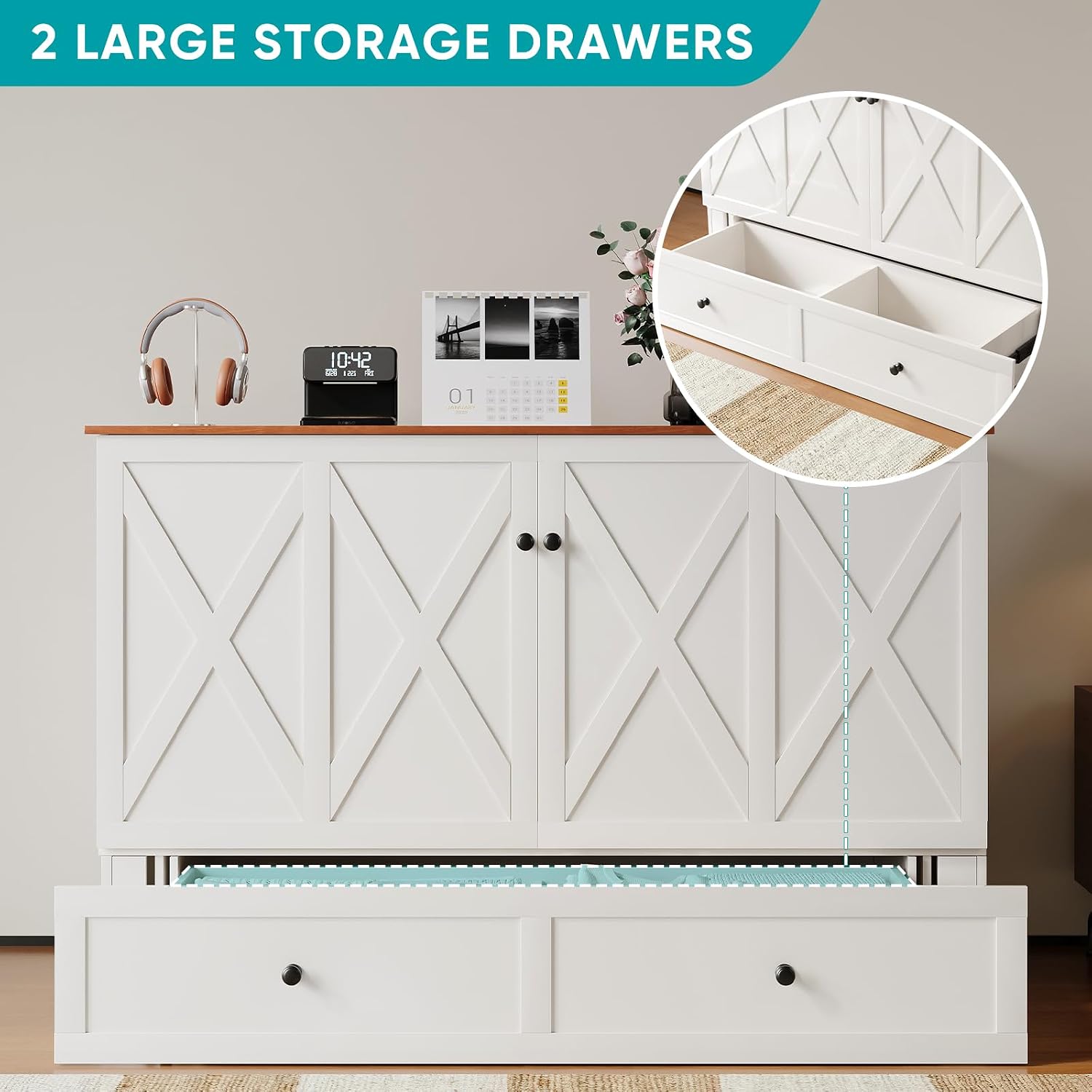 BALUS Full Size Murphy Bed, Murphy Cabinet Bed with USB Charging Station & Storage Drawers, Full Murphy Cabinet Beds for Living Rooom, Apartment, Home Office, Bedroom, No Mattress-White
