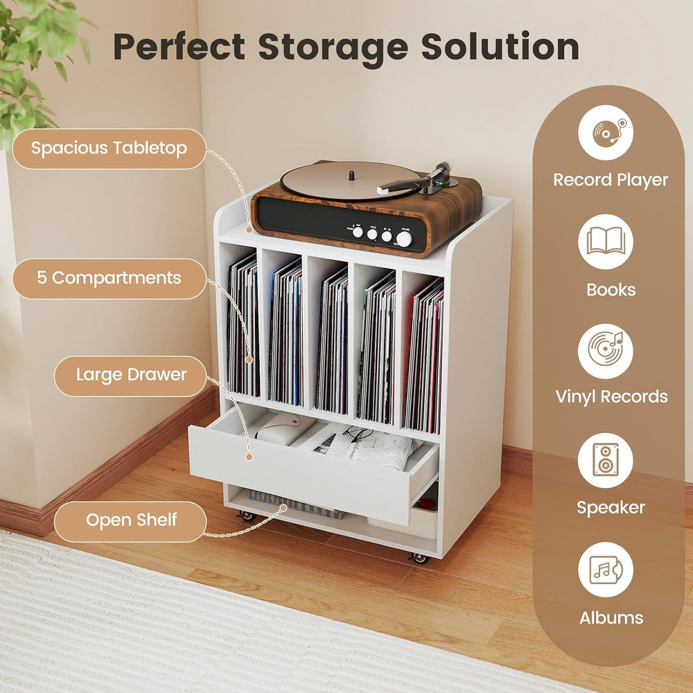 LOKO Record Player Stand On Wheels, Rolling Turntable Stand with 5 Compartmen...
