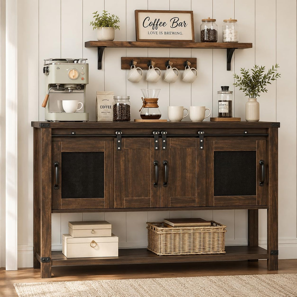 4ever2buy Farmhouse Coffee Bar Cabinet with Sliding Barn Door, 47", Brown