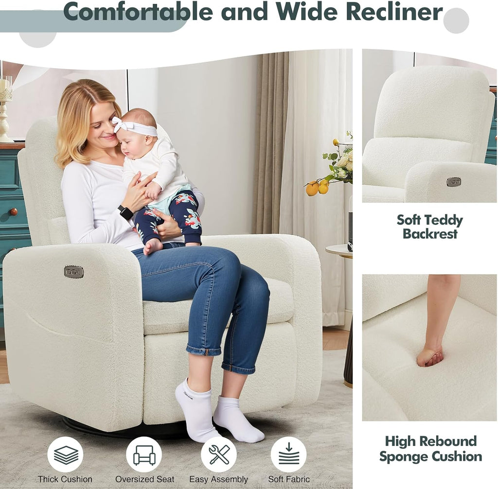 Power Swivel Rocker Recliner, Oversized Boucle Nursery Glider Recliner, Swivel Rocking Reclining Chair with Removable Cushion and Lumbar Support for Nursery Living Room Bedroom, Teddy White