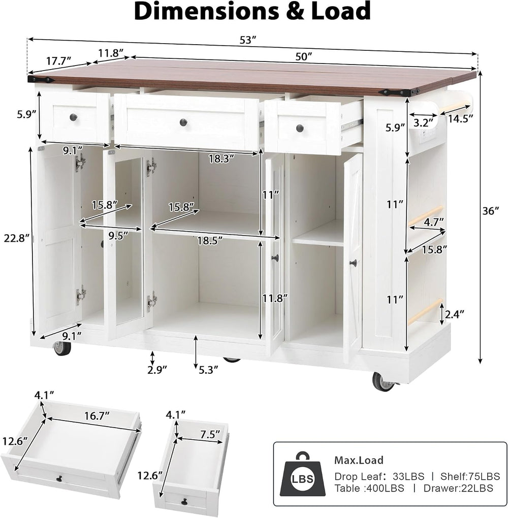 Merax 53'' Farmhouse Kitchen Island with 2 Tempered Glass Cabinet Doo...