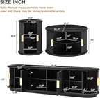 Wooden TV Stand & Coffee Table Set with Fluted Sliding Doors for TVs up to 75", Golden Handles Media Console with Cable Hole, Farmhouse Round Center Table for Living Room, Black