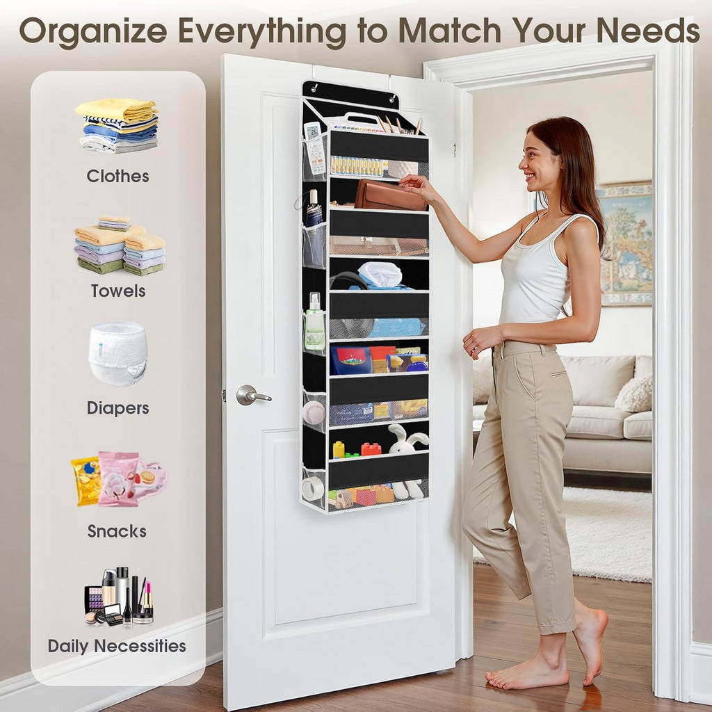 2 Pack Over The Door Organizer, Hanging Storage Organizer with Clear Window, 40lb Ultra Sturdy Large Capacity Room Organizer for Pantry Laundry Bathroom Nursery Closet (Black)